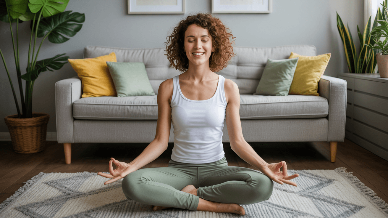 Mujer meditando feliz en su casa