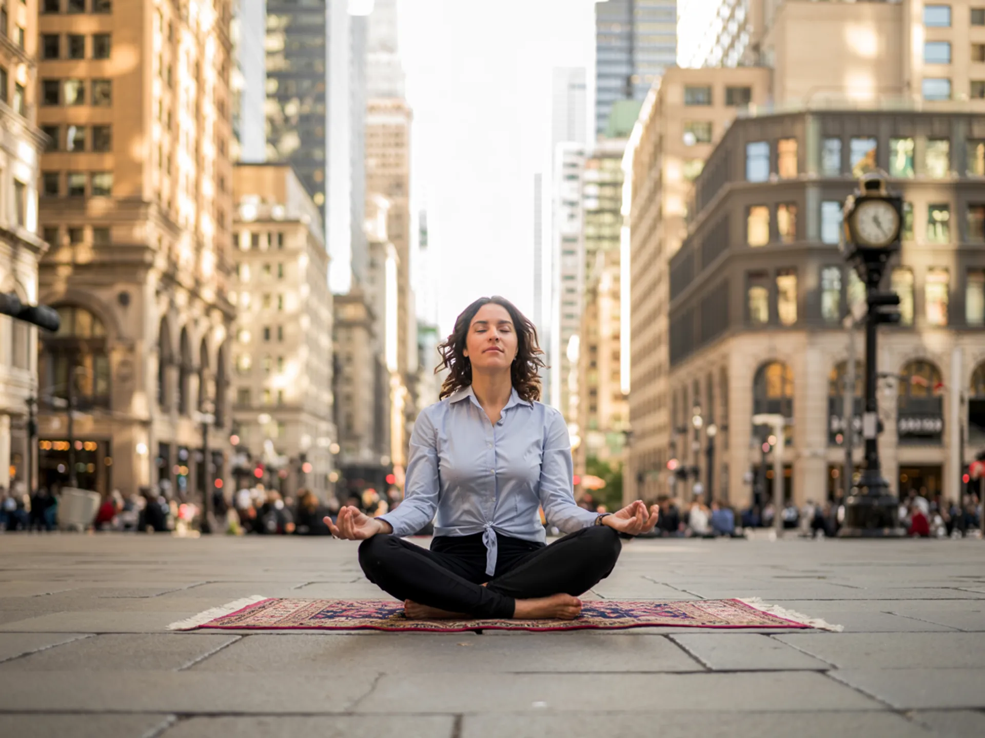 Una mujer practicando meditación en medio de la ciudad